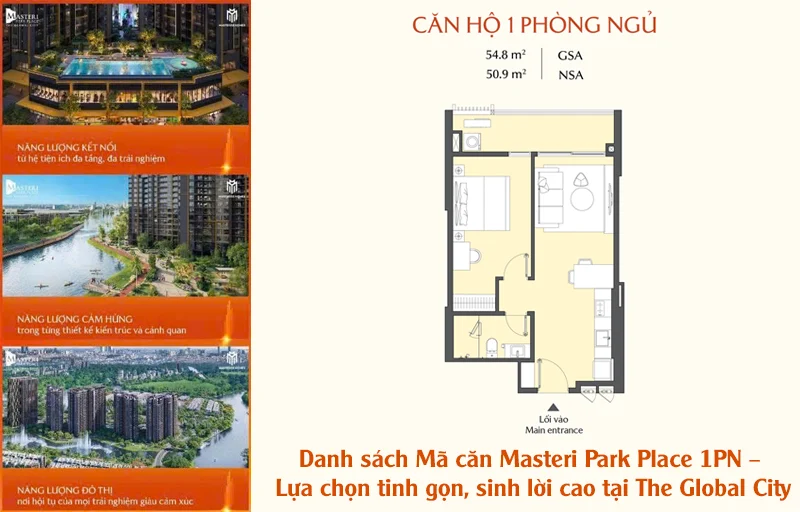 Danh sách Mã căn Masteri Park Place 1PN – Lựa chọn tinh gọn, sinh lời cao tại The Global City