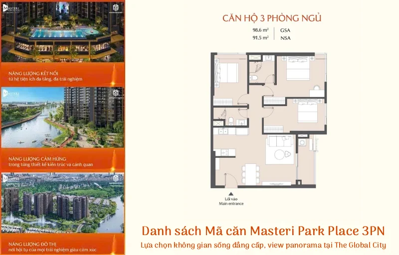 Danh sách Mã căn Masteri Park Place 3PN – Lựa chọn không gian sống đẳng cấp, view panorama tại The Global City