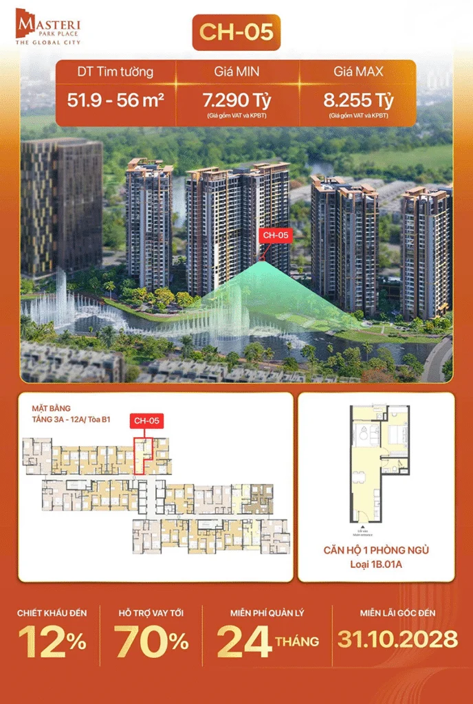 Giá căn hộ 1PN Masteri Park Place ch 05 view nhạc nước