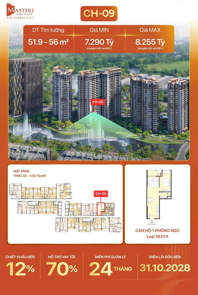 Giá căn hộ 1PN Masteri Park Place ch 09 view nhạc nước