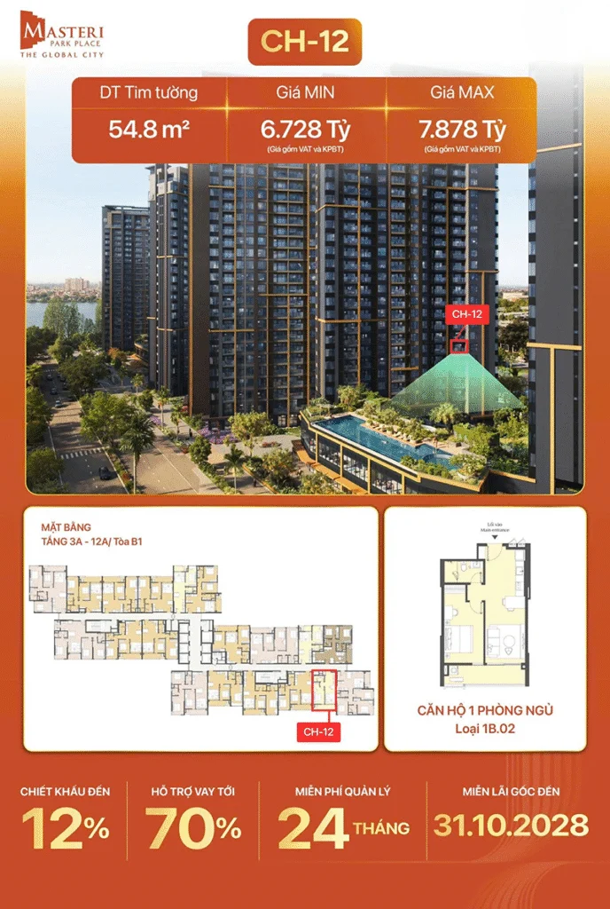 Giá căn hộ 1PN Masteri Park Place ch 12 view hồ bơi nội khu