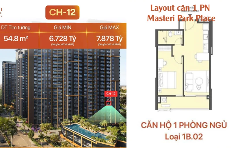 Layout căn 1PN Masteri Park Place – Thiết kế tối ưu dành cho phong cách sống hiện đại