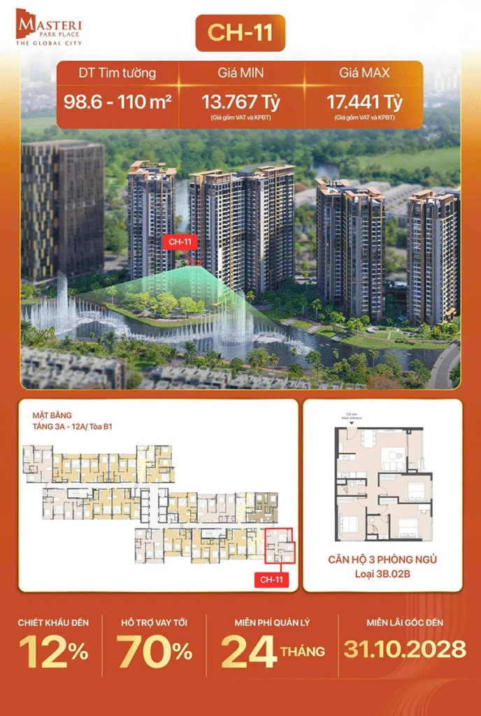 Layout căn 3PN Masteri Park Place – Tòa B1