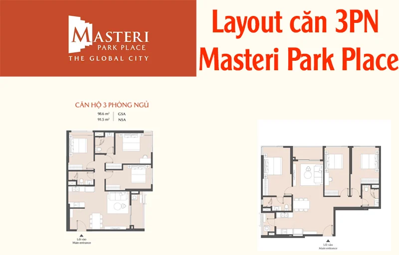 Layout căn 3PN Masteri Park Place – Tối Ưu Không Gian Sống Đẳng Cấp Cho Gia Đình Hiện Đại