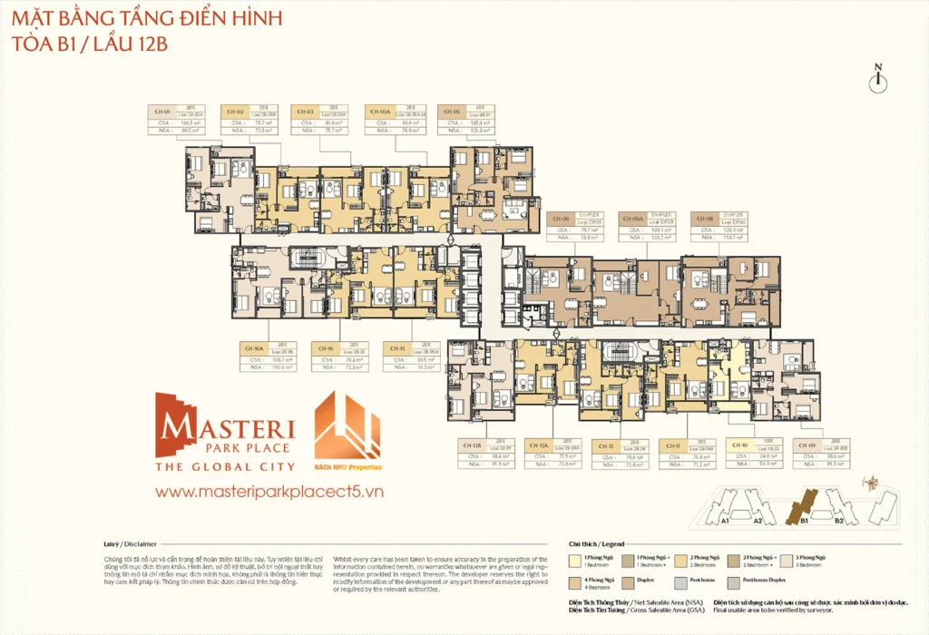 Mặt bằng tầng đển hình Masteri Park Place CT5: Tòa B1/Lầu 12B