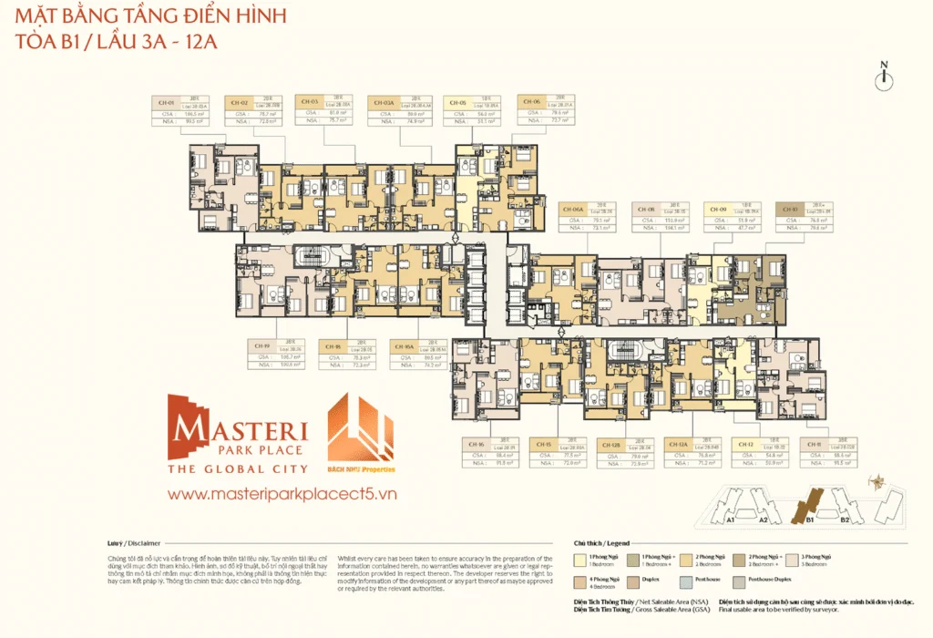 Mặt bằng tầng đển hình Masteri Park Place CT5: Tòa B1/Lầu 3A - 12A